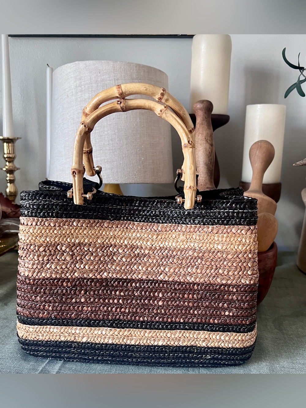 Sonoma Striped Woven Tote with Bamboo Handles - Black & Brown & Tan
